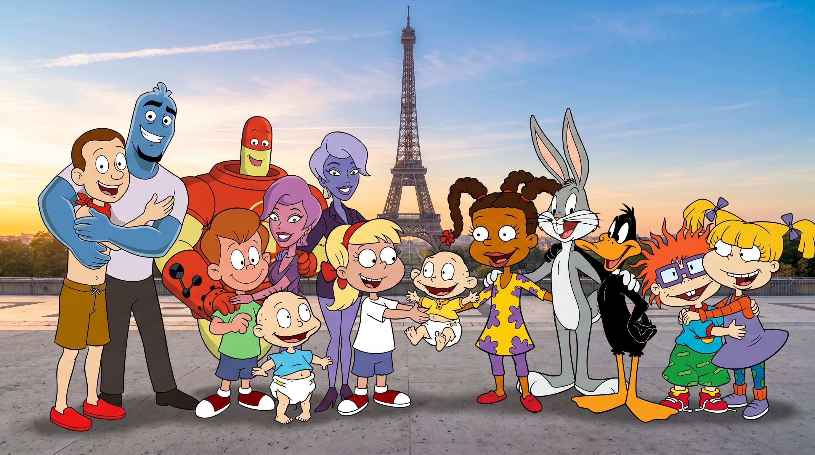 Joel Reynolds, Osmosis Jones, Drix, Leah Estrogen, Tommy Pickles, Loud Kiddington, Charity Bazaar, Dil Pickles, Susie Carmichael, Fetch, Bugs Bunny, Daffy Duck, Chuckie Finster, and Angelica Pickles take a picture and hugging and smiling face together in Paris, France with Eiffel Tower and blue sunrise (Warner Bros. Animation)