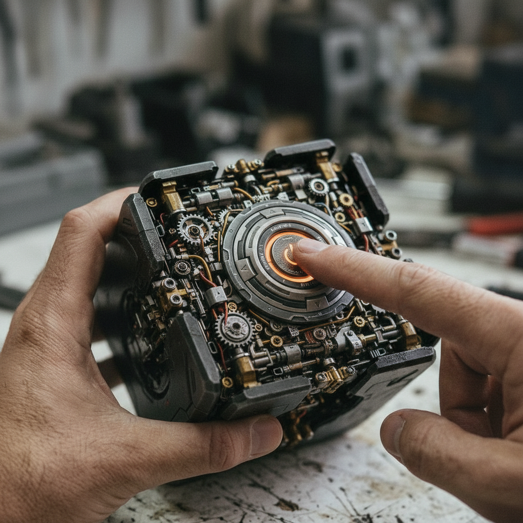 Extreme close-up of a mechanical cube. Button press activates internal mechanisms. Panels split, rotate, and extend with visible pistons, gears, and hinges. Components reassemble into a detailed vintage car within 5 seconds. Ultra realistic textures, cinematic lighting, macro lens, depth of field, smooth seamless transformation, high precision motion.